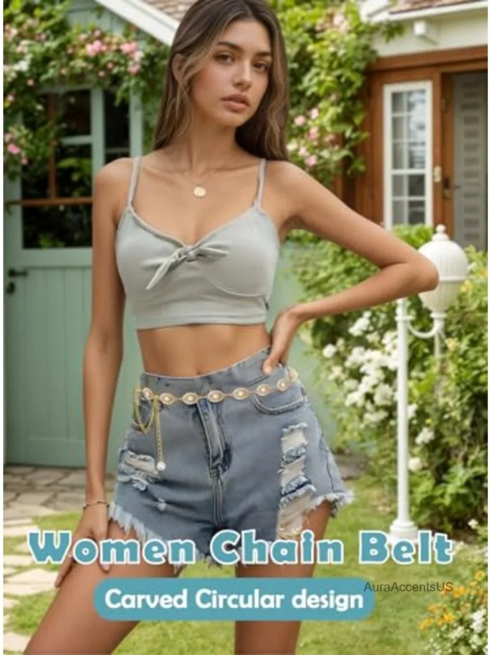 Women Western Concho Chain Belt with Floral Pattern